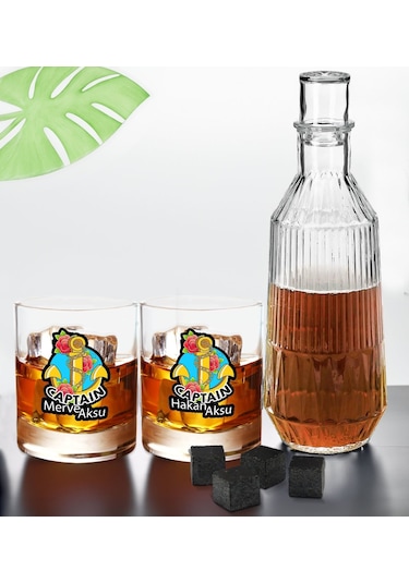 Bk Gift Kişiye Özel İsimli Dtf Kaptan Tasarımlı İkili Viski Kadehi, Viski Taşı Ve Karaf Seti-2, Arkadaşa Hediye, Sevgiliye Hediye Kobitmeyencom30451 B