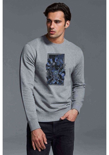 Baskılı Baskılı Gri Erkek Örme Sweatshirt