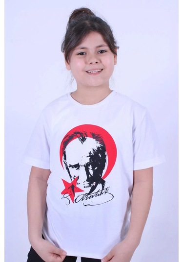 Atatürk Baskılı İmzalı Beyaz Kırmızı Unisex Çocuk T-shırt-beyaz Kırmızı Beyaz - Kırmızı