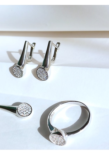 Gümüş Pave Sövalye Tasarım Kolye Küpe Yüzük Kadın Set