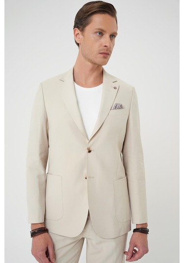 Slim Fit Torba Cep Spandex Karışımlı Casual Krem Ceket C 714 Krem
