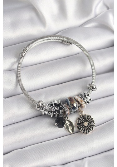 Gümüş Renk Siyah Renk Çiçek Figür İnci Detay Charm Bileklik - Tj-bb6589 Çok Renkli