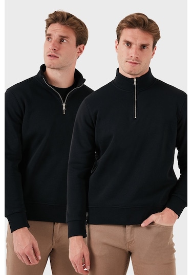 Buratti Pamuklu Regular Fit Dik Yaka 2'Li Paket Erkek Sweat 59052592S2 Siyah-Siyah