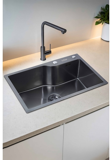 Yuna Serisi %100 Krom 68x45 Paslanmaz Mutfak Eviyesi, Mutfak Lavabosu Sifon Dahil Siyah