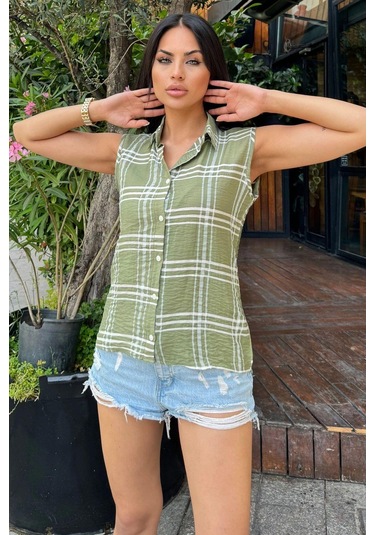 Kadın Haki Ekose Desen, Dokulu Bodrum Kumaş, Kolsuz Rahat Gömlek Haki