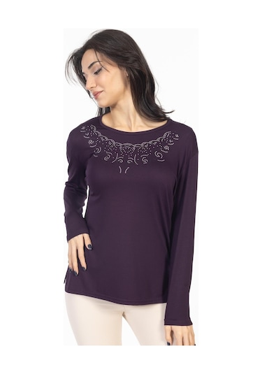 Yeni Model Taş İşlemeli Yuvarlak Yaka Likralı Anne Penye Bluz 6420-mürdüm