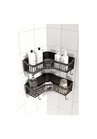 Köşe Yapışkanlı Banyo Rafı, 2 Parça Banyo Düzenleyici, Duş Rafı Gri - Siyah