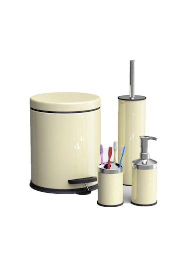 Zethome Krem Dörtlü Banyo Seti Çöp Kovası-fırça-sabunluk-diş Fırçalık Krem
