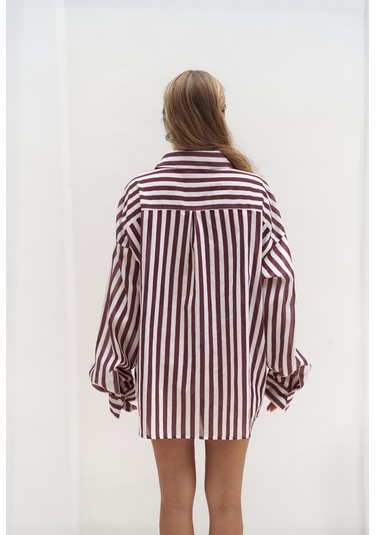 Rosy Transparan Çizgili Bordo Oversize Gömlek bordo