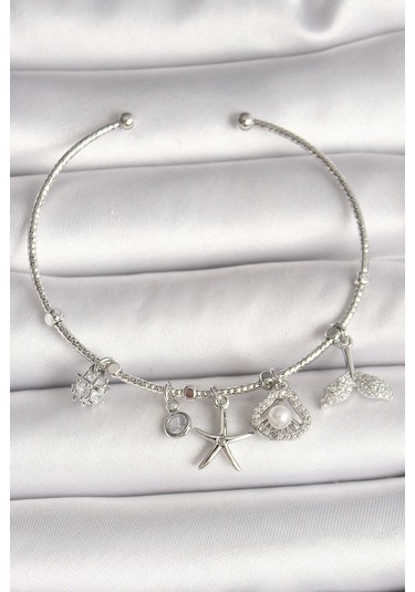 Pirinç Gümüş Renk Sallantı Zirkon Taşlı Deniz Yıldız Figür Balık Kuyruğu Detay Charm Kadın Bileklik Çok Renkli