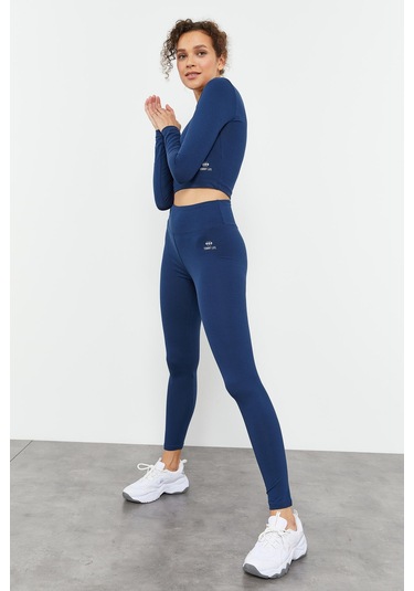 Tommy Life İndigo Uzun Kollu Dar Kalıp O Yaka Kadın Crop Top T-shirt - 97150 İndigo