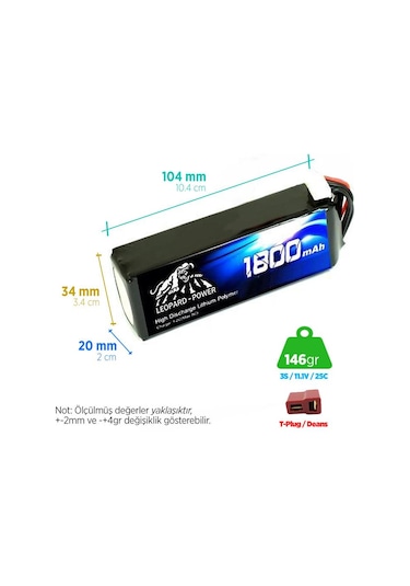 Leopard Power 1800 mAh 11.1V 3S 25C Lityum Polimer Lipo Batarya Pil T Plug