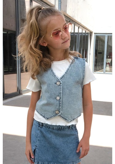 Breeze Kız Çocuk Yelek Kot Düğme Kapamalı V Yaka 4-14 Yaş, Açık Mavi Açık Mavi