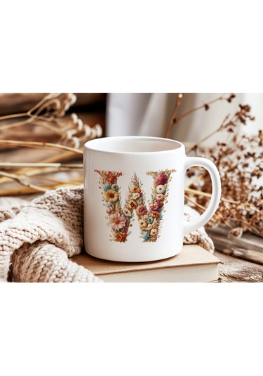W Harfi Çiçek Desenli Kupa Bardak - Alfabe Harfleri İle Doğal Çiçekli Kupa - Hediye Fikir Beyaz