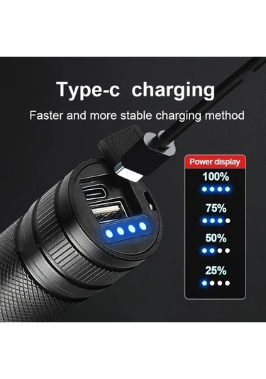 Brightnova Black Ultra Parlak 30w Led Taktik Fener Usb Sarjli Aluminyum Alasim Uzun Menzil Zum Yuksek Kapasiteli Li Ion Pil 400 Lumen Dahili Altın