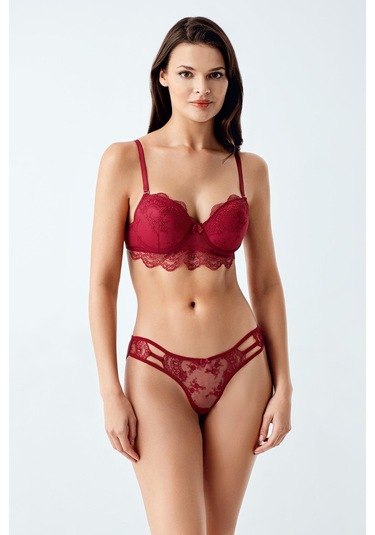 Luw 6118 Bordo Dolgulu Sütyen Külot Dantelli 2Li Takım Bordo