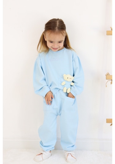 Kız Çocuk Orta Kalınlıkta Ayıcık Oyuncaklı Eşofman Takımı Mavi