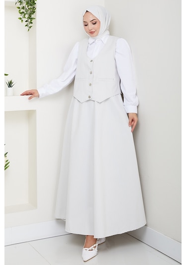 İkili Gabardin Yelek Etek Takım 1400 - Gri Gri