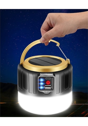 G-300W Kamp Lambası Solar Güneş Enerjili Led Şarjlı El Feneri Siyah