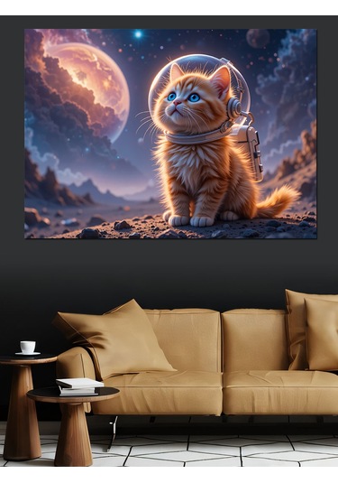 Uzayda Yavru Kedi Dekoratif Kanvas - Mdf Ahşap Tablo