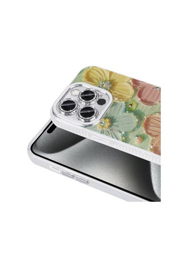 Tuva Teknoloji İphone Uyumlu 15 Pro Max Kılıf Çiçek Desenli Parlak Taşlı Sert Silikon Garden Kapak Mavi