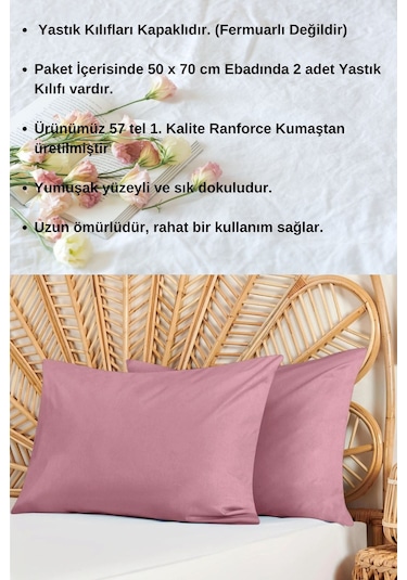 Gül Kurusu Renkli Pamuklu Ranforce Kumaştan Yastık Kılıfı 2 Adet