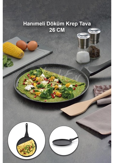 Nishev Hanımeli Döküm Krep Tava 26cm Yanmaz Yapışmaz Çizilmez Koruma Siyah