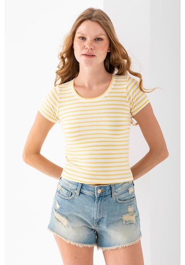 Giysa Kadın Bisiklet Yaka Çizgili Basic Body Sarı - 25509 Sarı