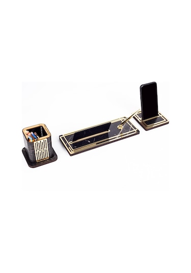 Space Mali Müşavire Özel Kalemlikli Ahşap Masa Seti Mermer Desenli Hediye Ofis Dekoratif Masa Üstü İsimlik