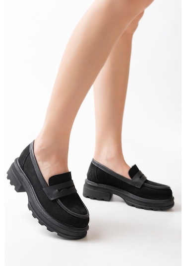 746-759 Siyah Süet Günlük Yüksek Tabanlı Loafer Ayakkabı Siyah