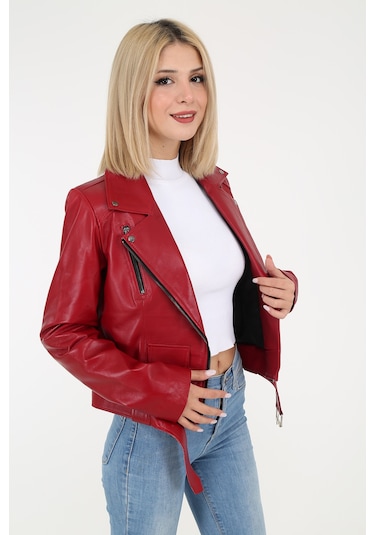 DERİNSS DKA99020 Hakiki Deri Kadın Kırmızı Mont