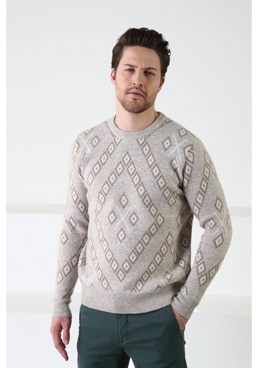 Ferraro Bej Kare Desenli Bisiklet Yaka %100 Kuzu Yünü Erkek Kazak Bej