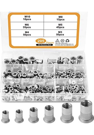 Vkemall 304 Paslanmaz Çelik Vidalı Cıvata Seti M3-m10 6 Boyut, 205 Adet - Isı/düşük Sıcaklık Dayanıklı, Otomobil-mobilya-ulaşımda Kullanım