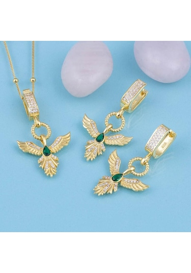 Gümüş Pazarım Zümrüt Taşlı Altın Kaplama Anka Kuşu 925 Ayar Gümüş Set Gümüş