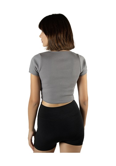 Gri Havuz Yaka Fitted/vücuda Oturan Kısa Kol Crop Tişört Gri