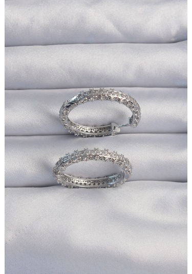 Ezoconcept Pirinç Gümüş Renk Zirkon Taşlı Motifli Halka Küpe Çok Renkli