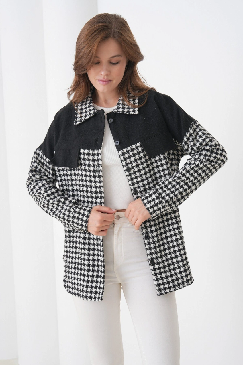 Kadın Desen Bloklu Oduncu Oversize Bol Ve Geniş Kalıp Casual Cepli Yakalı Ceket Gömlek Siyah