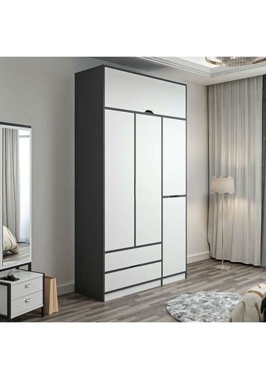 Elina 3 Kapaklı Dolap + Yüklük - Antrasit/beyaz Çok Renkli