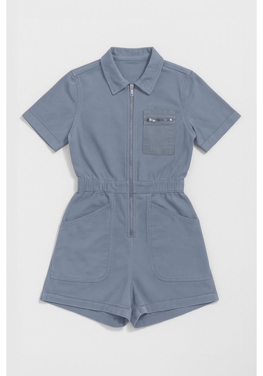 Kadın Kısa Kollu Fermuarlı Beli Lastikli Jean Tulum Şort mavi