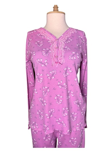 Büyük Beden Battal Pijama Takımı Desenli Uzun Kol Kışlık Kumaş Pembe