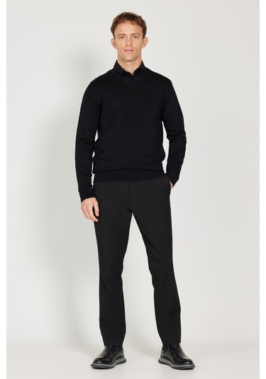 AC&Co / Altınyıldız Classics  Erkek Sıyah Standart Fit Normal Kesim V Yaka Triko Kazak Siyah