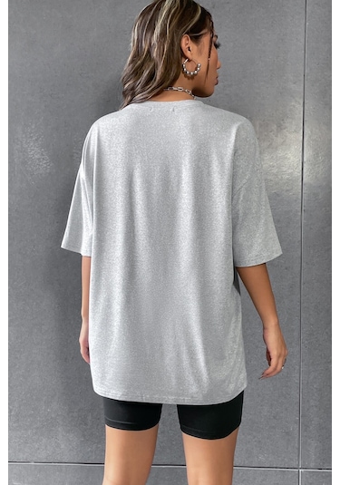 Modagen Kadın Gri Bisiklet Yaka Brooklyn Baskılı Oversize T-shirt-tayt Takım Gri-siyah