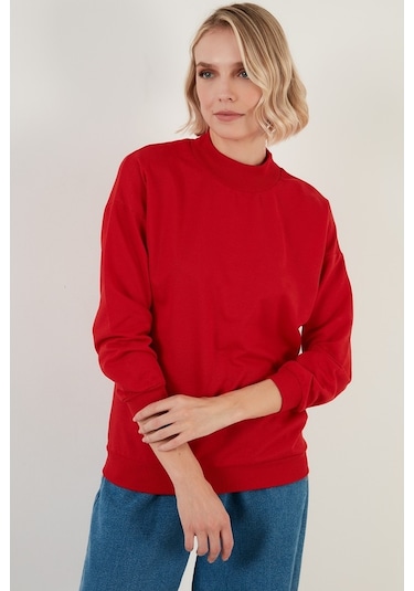 Lela Pamuklu Dik Yaka Basic Örme Bayan Sweat 5863323 Kırmızı