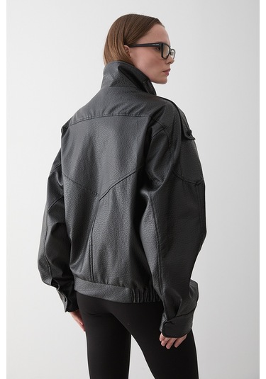 Siyah Dik Yaka Dokulu Deri Ceket - 509251 Siyah