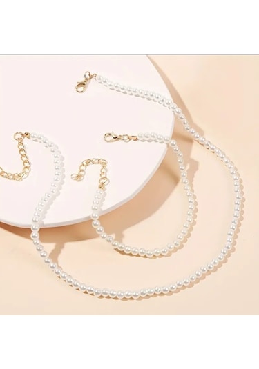 Sade Şık İnci Kolye Bileklik Set Beyaz
