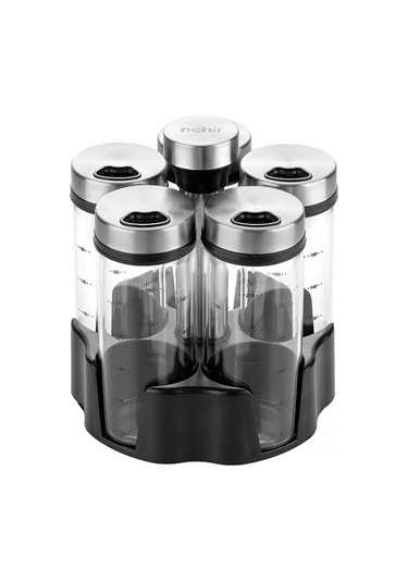 Nehir 6 Parça Borosilikat Döner Standlı Baharatlık Seti ŞEffaf