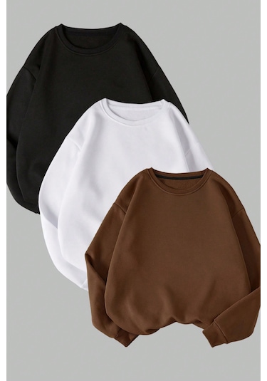 Unisex 3'lü Kahve Beyaz Siyah Bisiklet Yaka Oversize Sweatshirt Siyah Beyaz Kahve