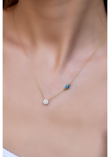 925 Ayar Gümüş Gold Kaplama Gözlü Dorika Toplu Tek Taş Kolye