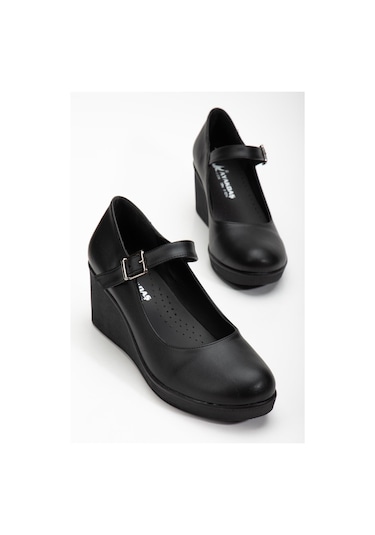 Baretli Suni Deri Siyah Kadın Dolgu Taban Ayakkabı-3101-siyah