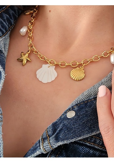 İstiridye Midye Deniz Yıldızı Deniz Atı İnci Model Charmlı Yaz Beach Plaj Tatil Kolye 46cm Gold